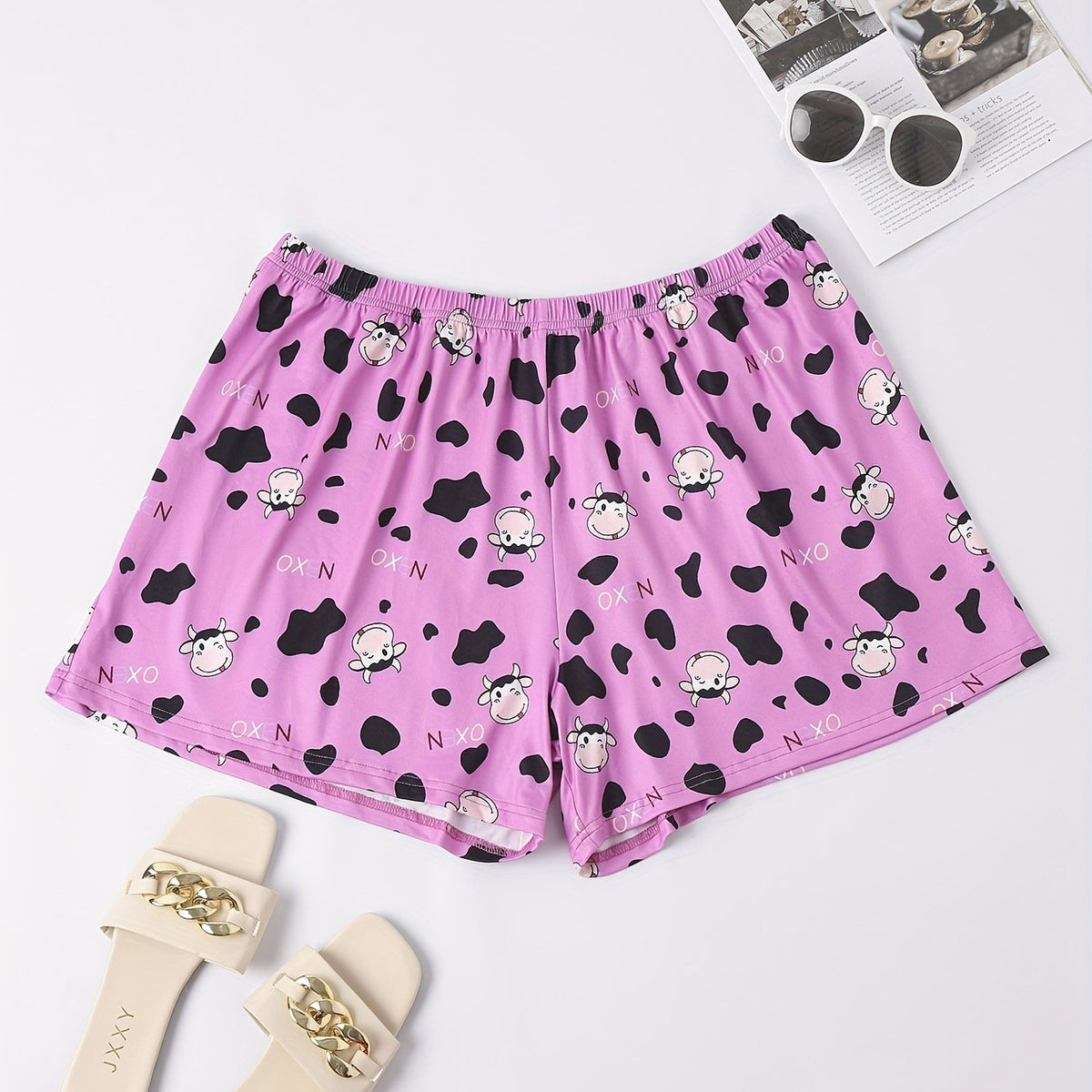 Women's Plus Cow Print Elastic Waist Home Shorts