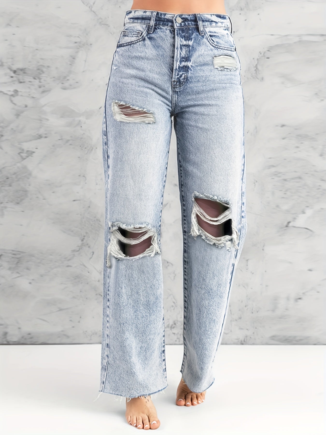 Women's Plus High Rise Ripped Wide Leg Jeans
