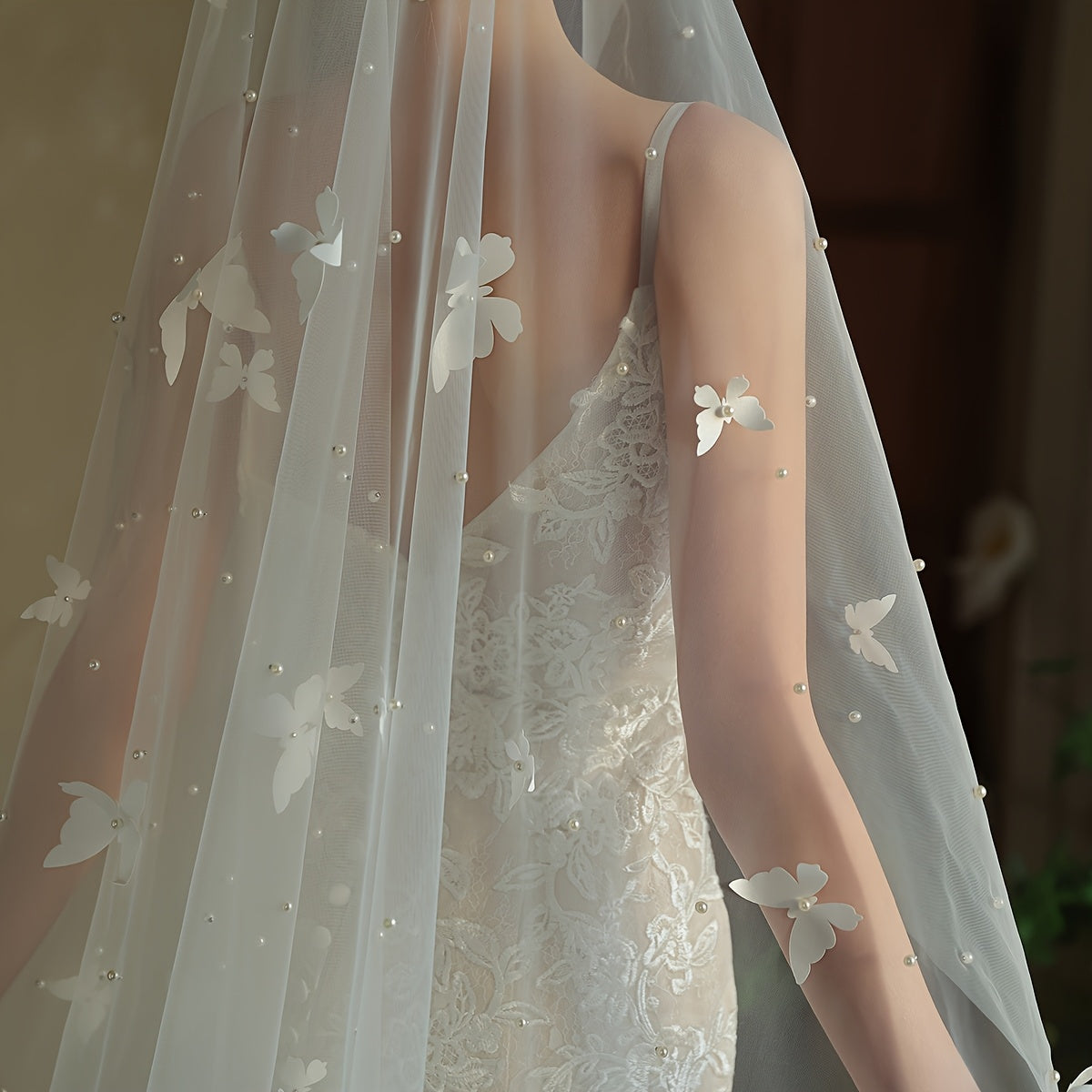 Vintage European Romance Wedding Veil with Pearls & 3D Butterfly