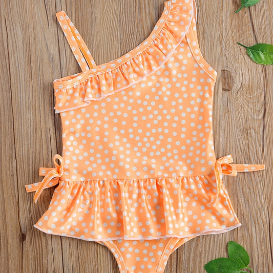 Toddler Girls Polka Dot Ruffle Trim One Piece Swimsuit