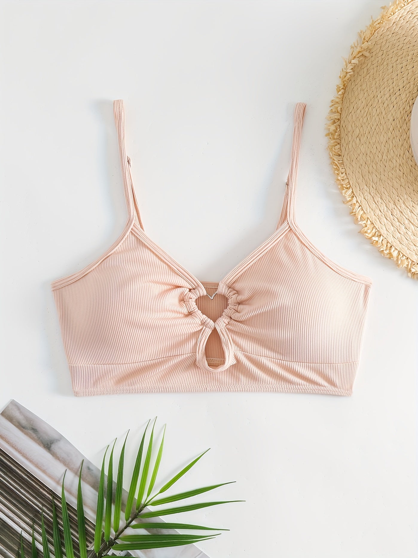 Heart Linked Tankini Top Rib Knit V Neck Beachwear Top