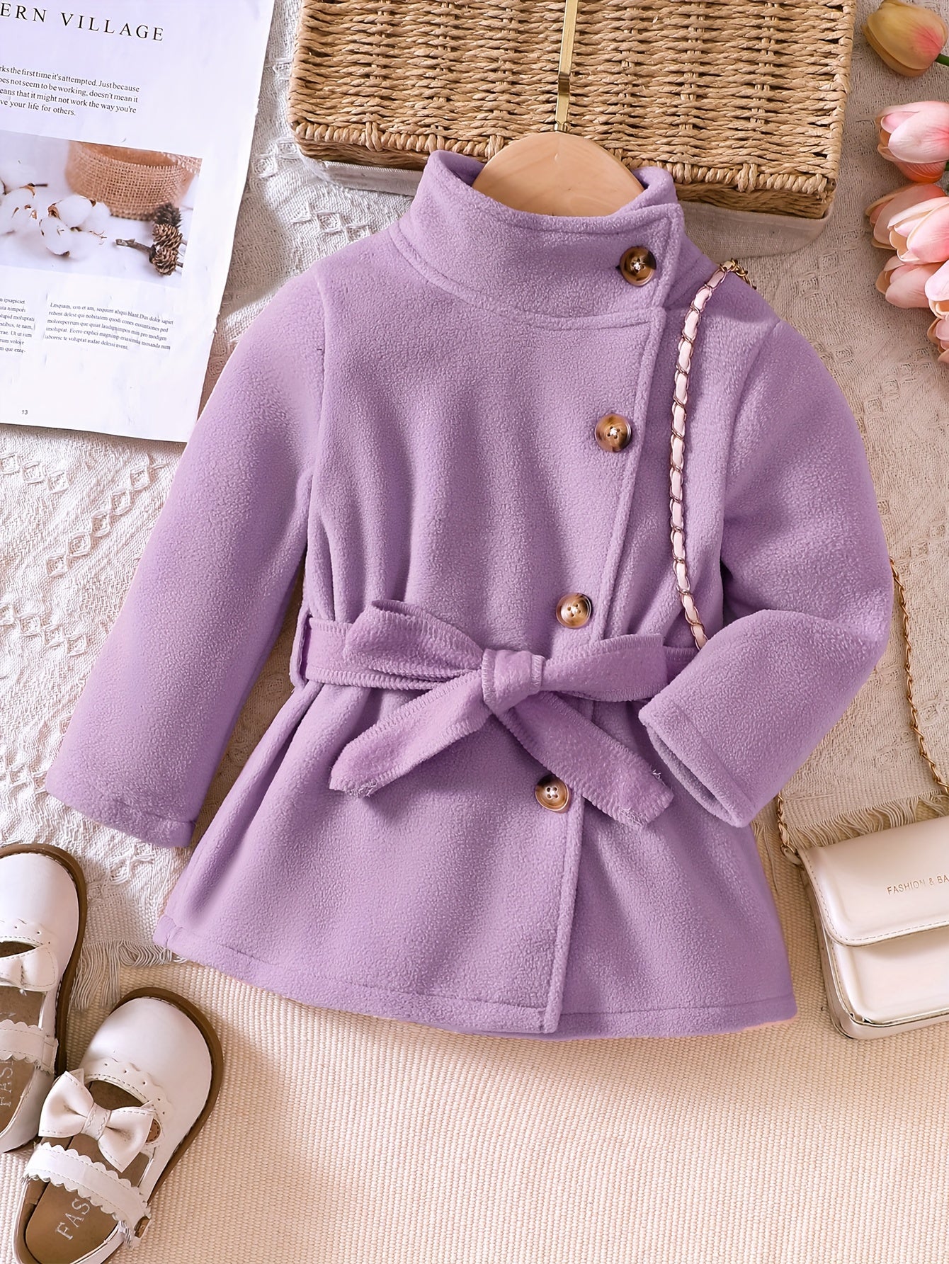 Baby Girls Solid Jacket Stand Collar Bow Belt Long Sleeve Button Warm Coat