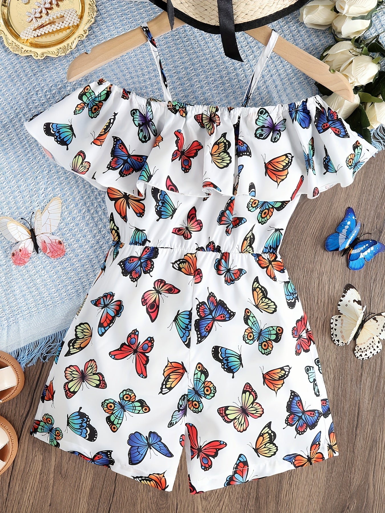 Girls Butterfly Graphic Cold Shoulder Ruffle Trim Romper Jumpsuits