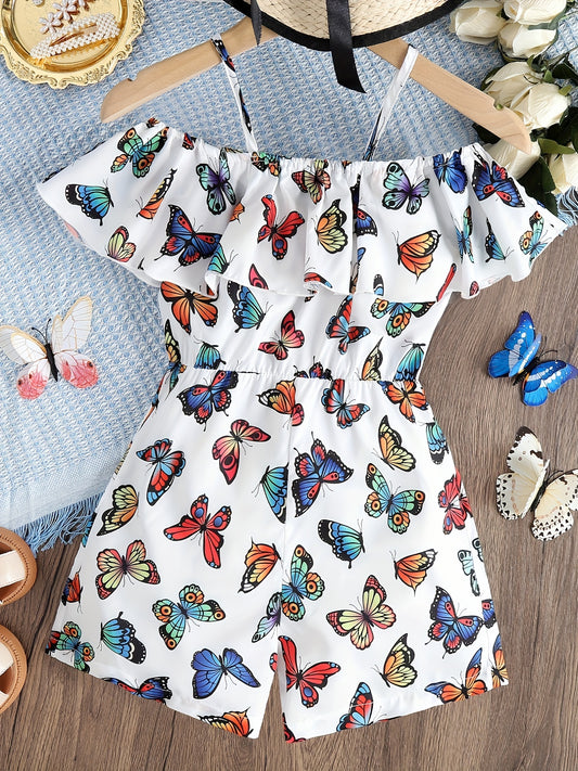 Girls Butterfly Graphic Cold Shoulder Ruffle Trim Romper Jumpsuits