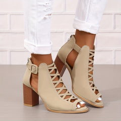 Women's Chunky Heeled Sandals Peep Toe Cut out Buckle Strap Retro High Heels