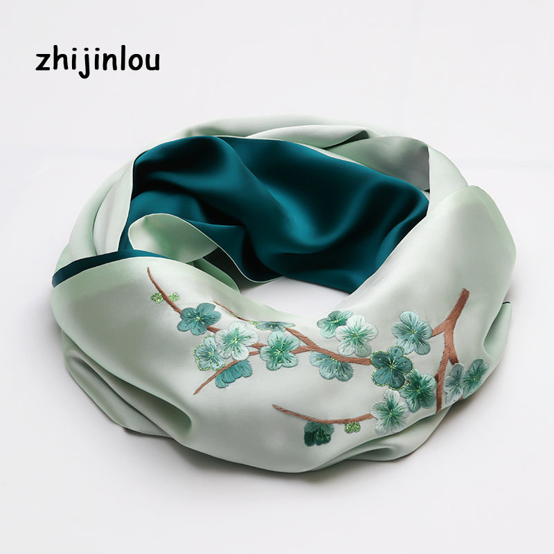 Silk Scarf Peach Branch Embroidery Shawl Sunscreen Windproof Head Wrap