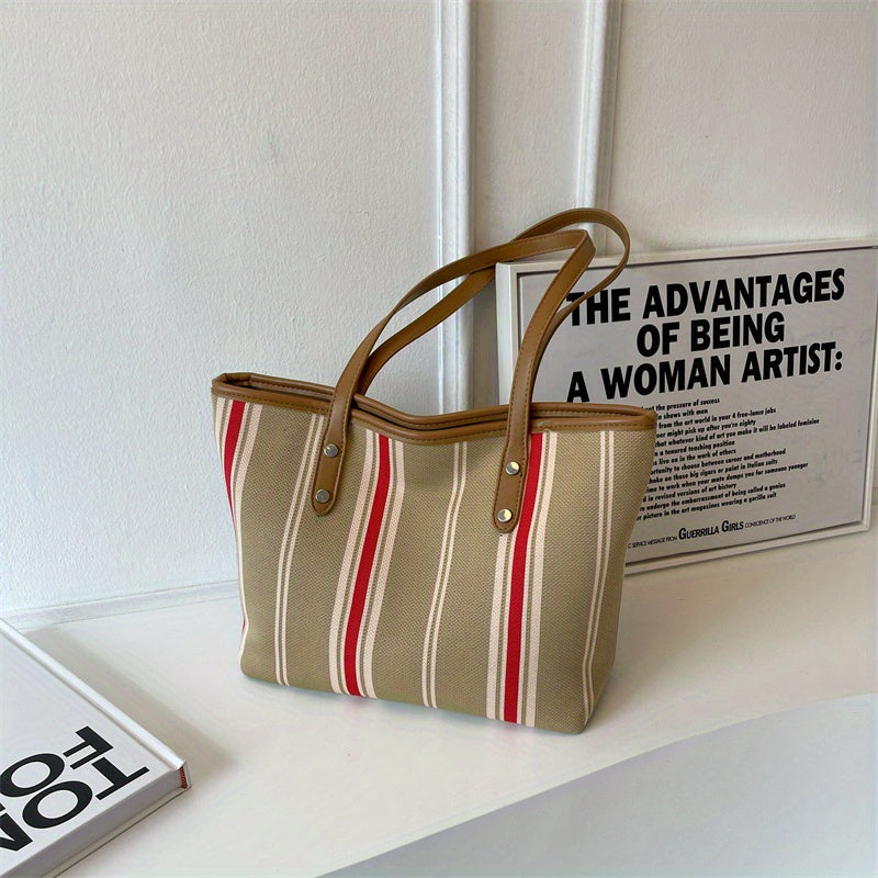 Retro Striped Tote Bag Canvas Shoulder Bag Women's Casual Versatile Handbag