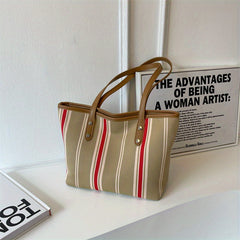 Retro Striped Tote Bag Canvas Shoulder Bag Women's Casual Versatile Handbag