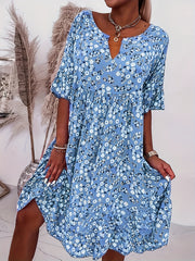  Ditsy Floral Print Bell Sleeve V Neck Casual Dress