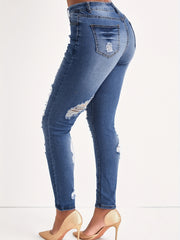 Women's Plus Ripped Skinny Jeans Button Fly Denim Pants