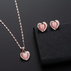 Peach Heart Faux Cat Eye Stone Pendant Necklace