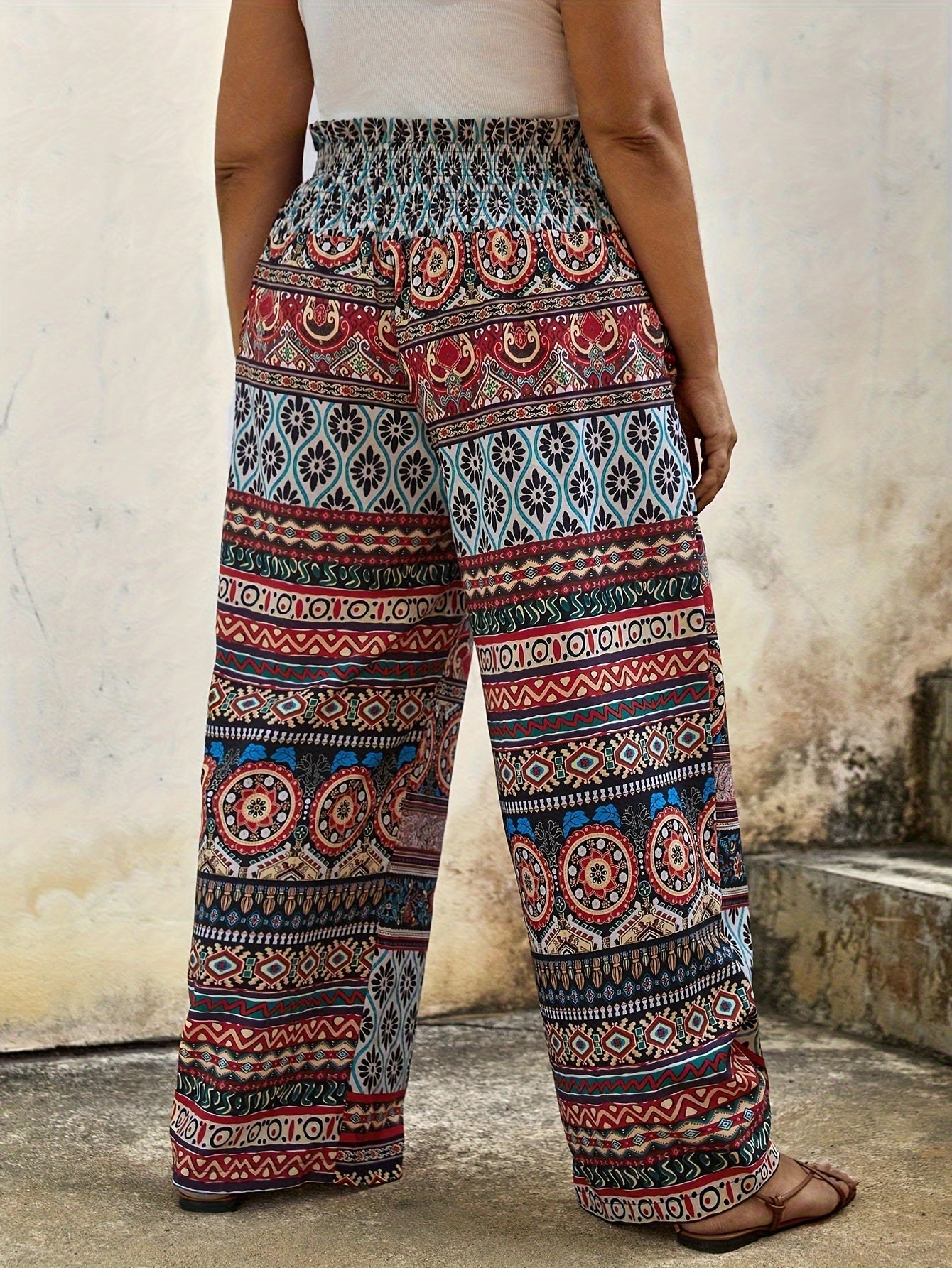 Boho Patchwork Print Wide Leg Pants - Plus Size