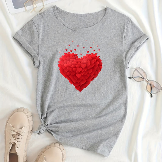 Women's Red Heart Graphic Casual T Shirt with Round Neck