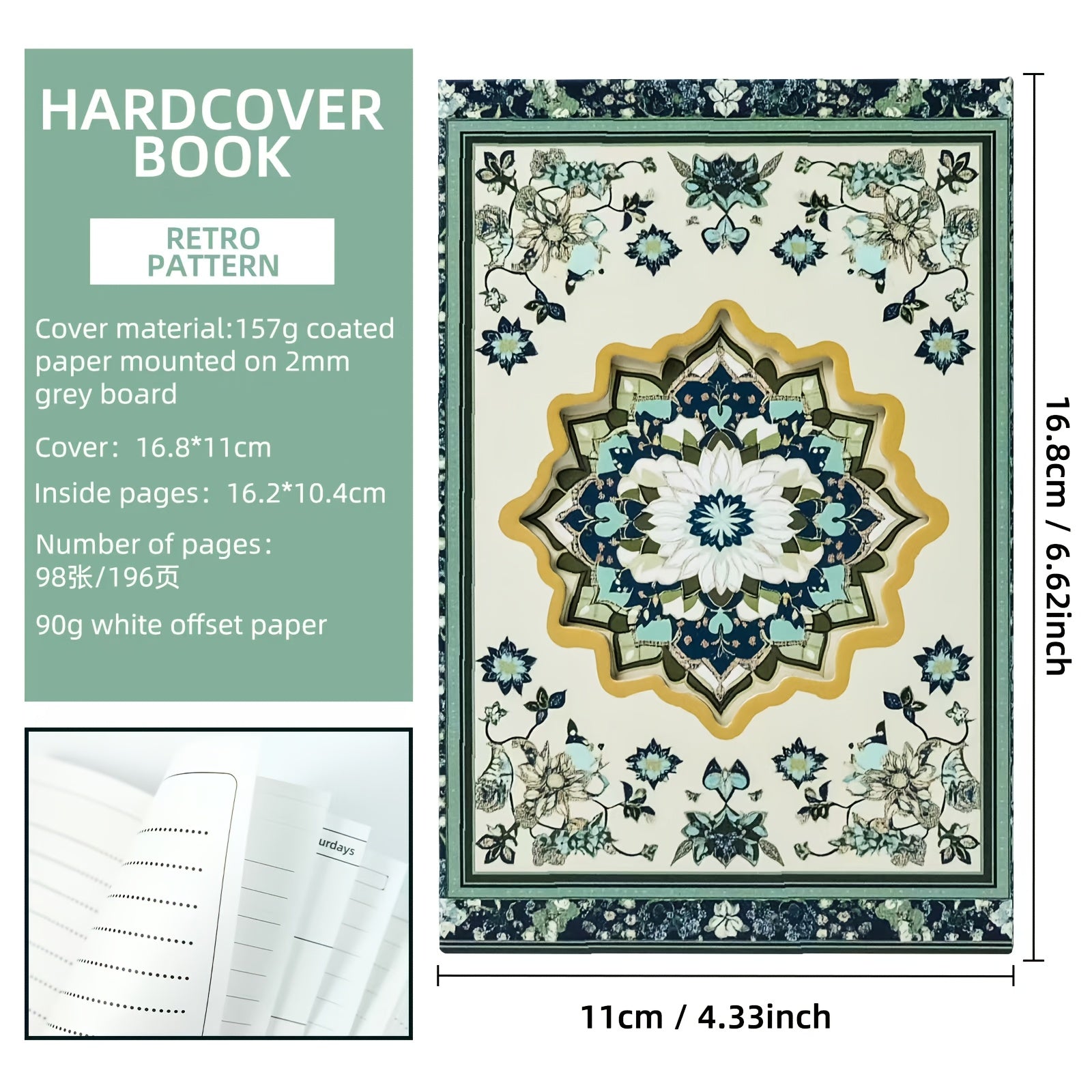 Peacock Green Floral Notebook with Magnetic Closure