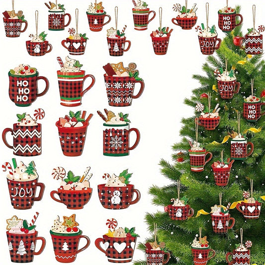 36pcs Christmas Hot Cocoa Wooden Ornaments with Rope Christmas Hanging Ornaments