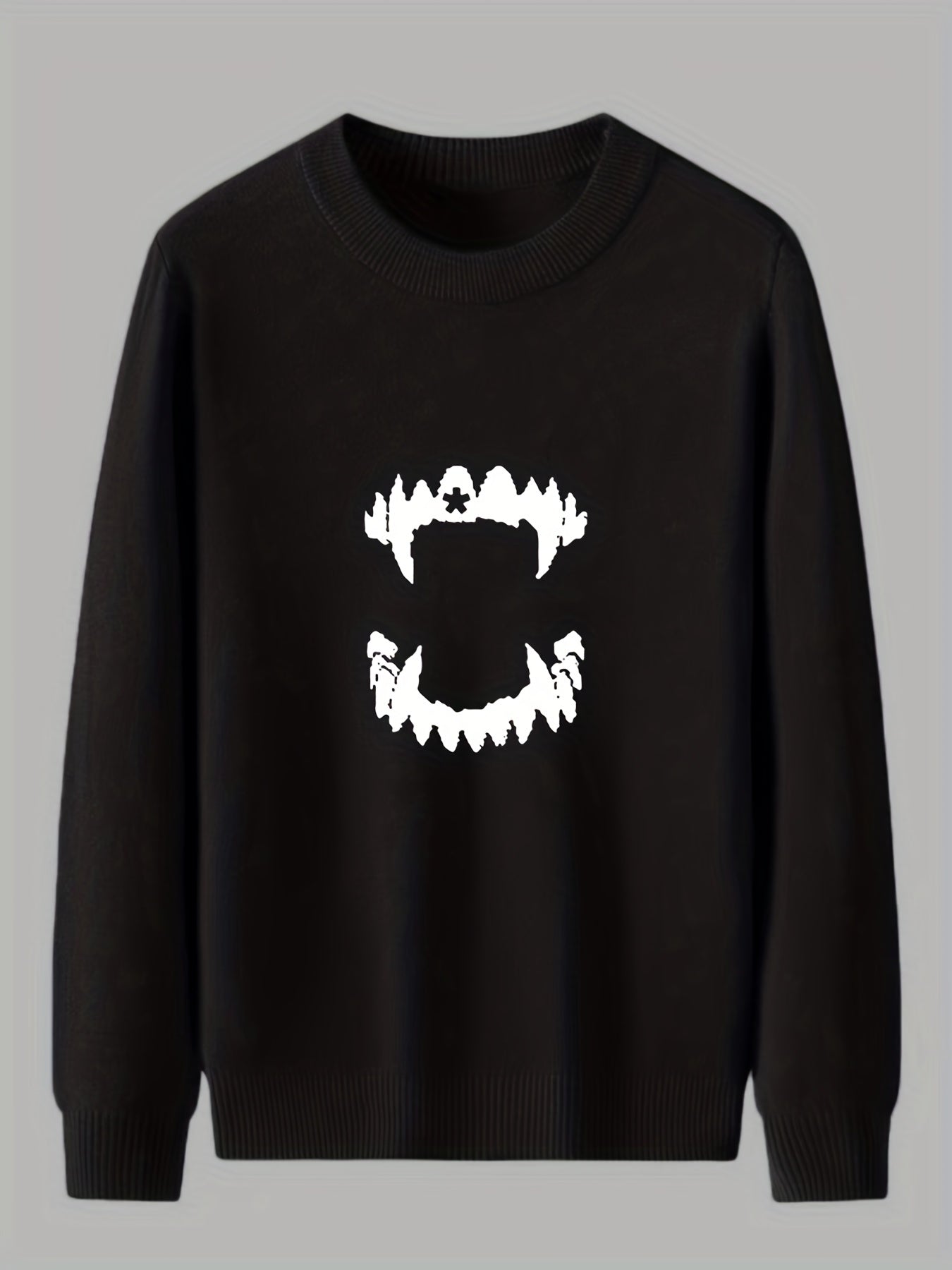 Teeth Print Knitted Sweater Men's Warm Crew Neck Pullover for Fall Winter