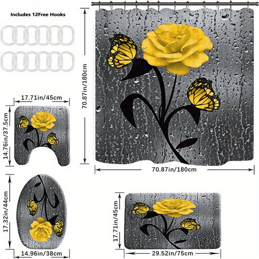 Yellow Rose Bathroom Set with Shower Curtain and 12 Hooks