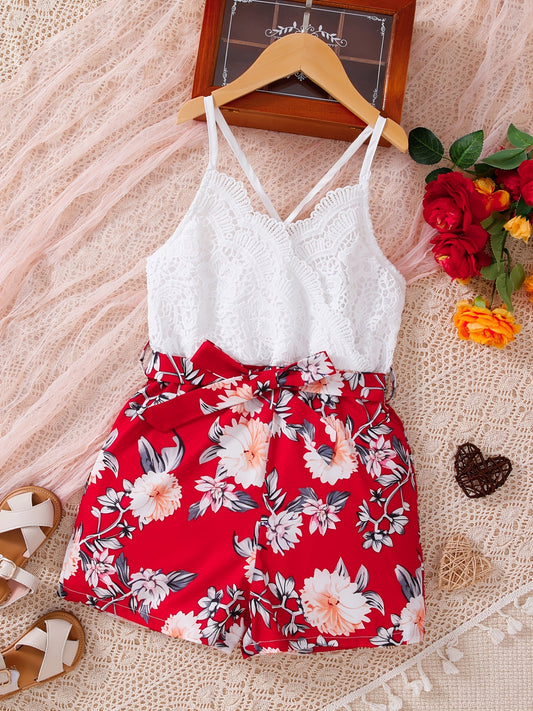 Bohemian Lace Cami Print Romper with Bow Belt for Summer