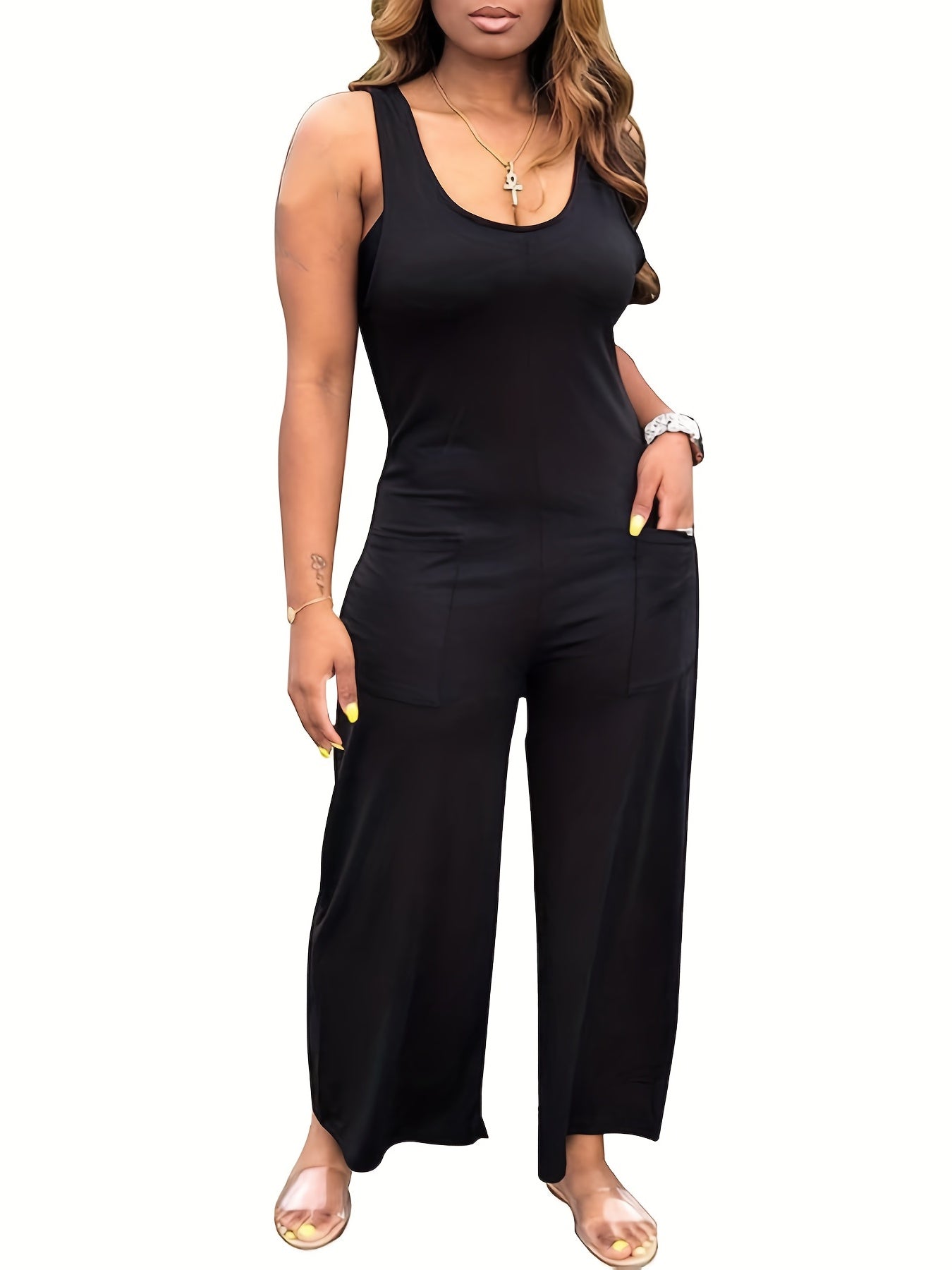 Solid Sleeveless Jumpsuit Casual Wide Leg Jumpsuit