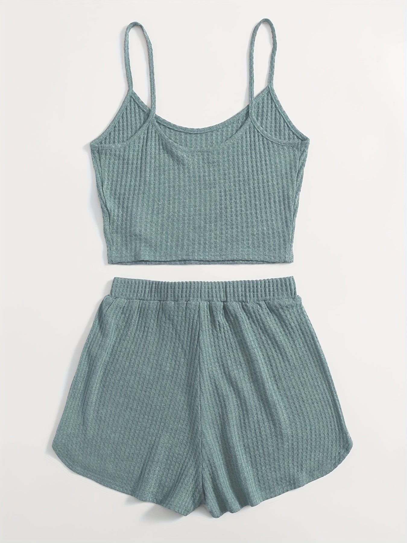 Waffle Knit Cami Top & Drawstring Shorts Set Women's Clothing