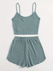 Waffle Knit Cami Top & Drawstring Shorts Set Women's Clothing