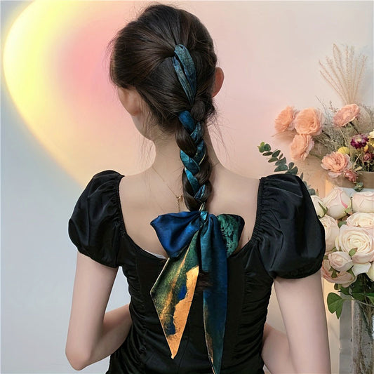 Vintage Printed Silky Scarf Hair Ribbon Long Bow Ribbon Braided Hair Rope