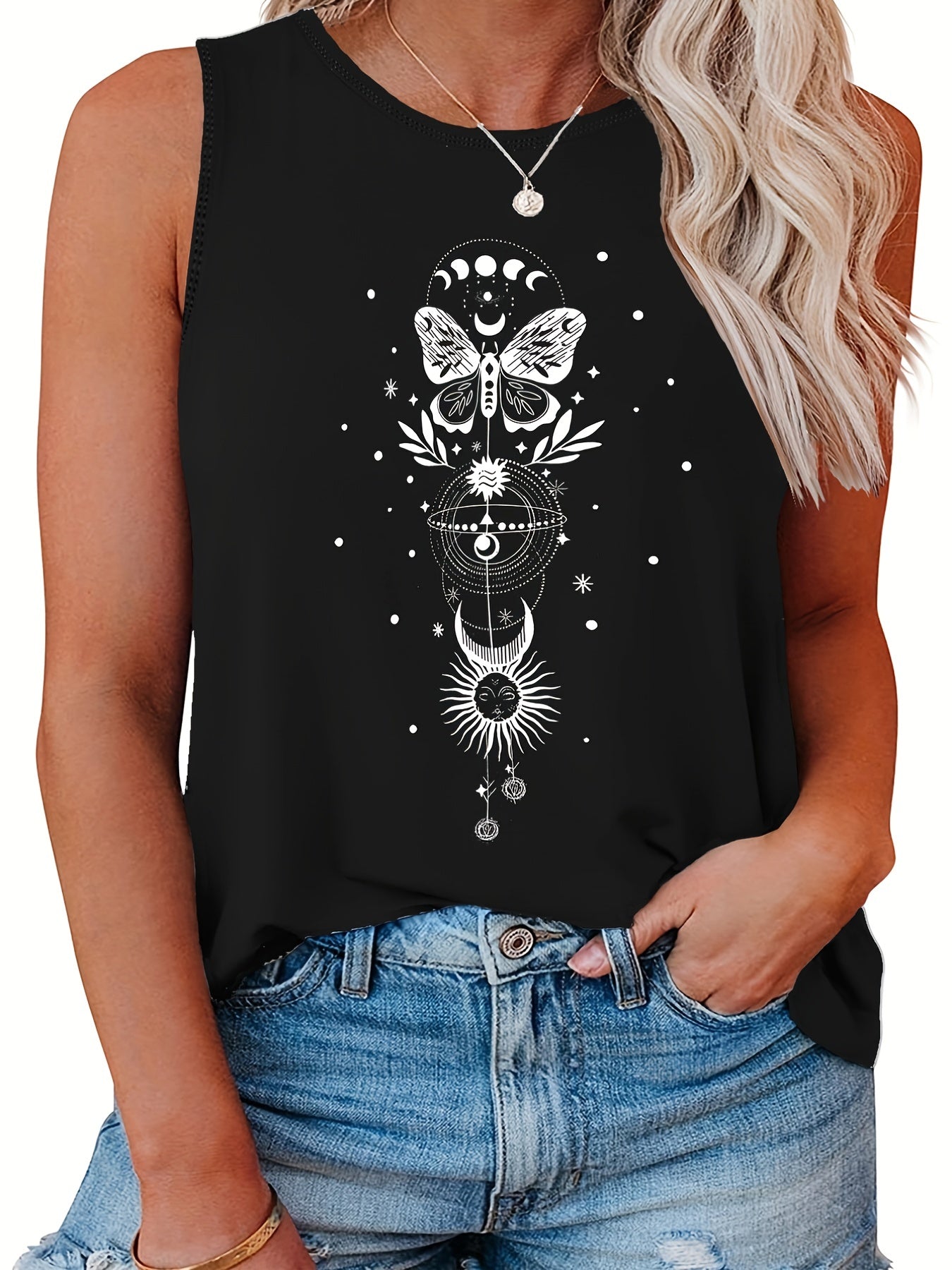  Butterfly & Moon Print Tank Top for Women