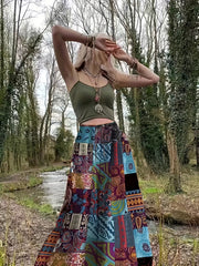 Hippie Patchwork Print Drawstring Skirt Boho Skirt Spring Summer Women's