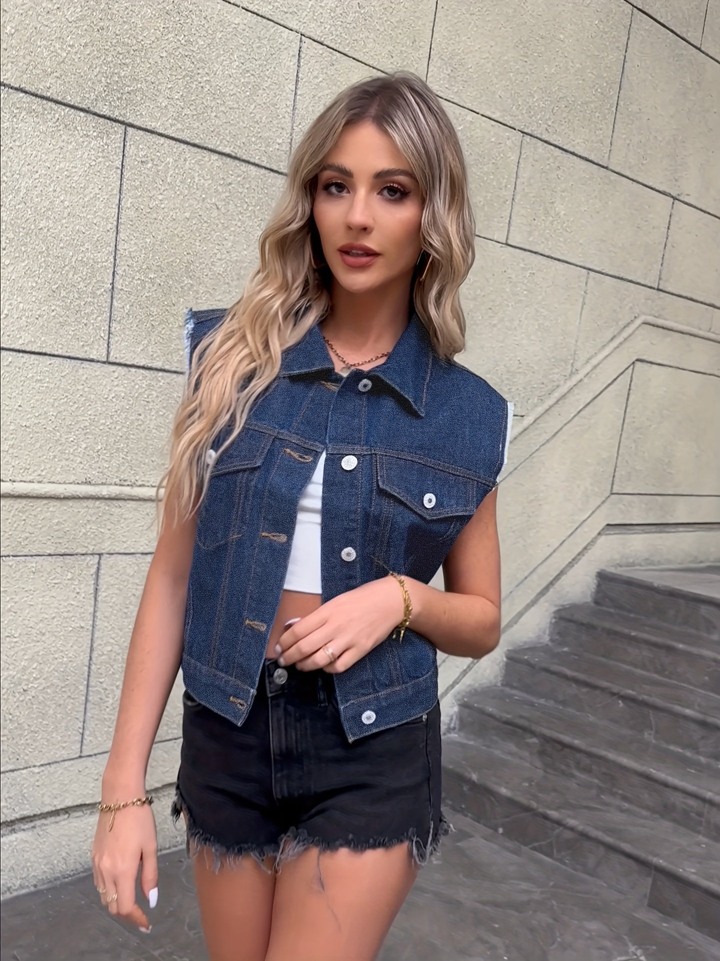 Sleeveless Denim Vest Flap Pockets Lapel Denim Jacket Women's Clothing