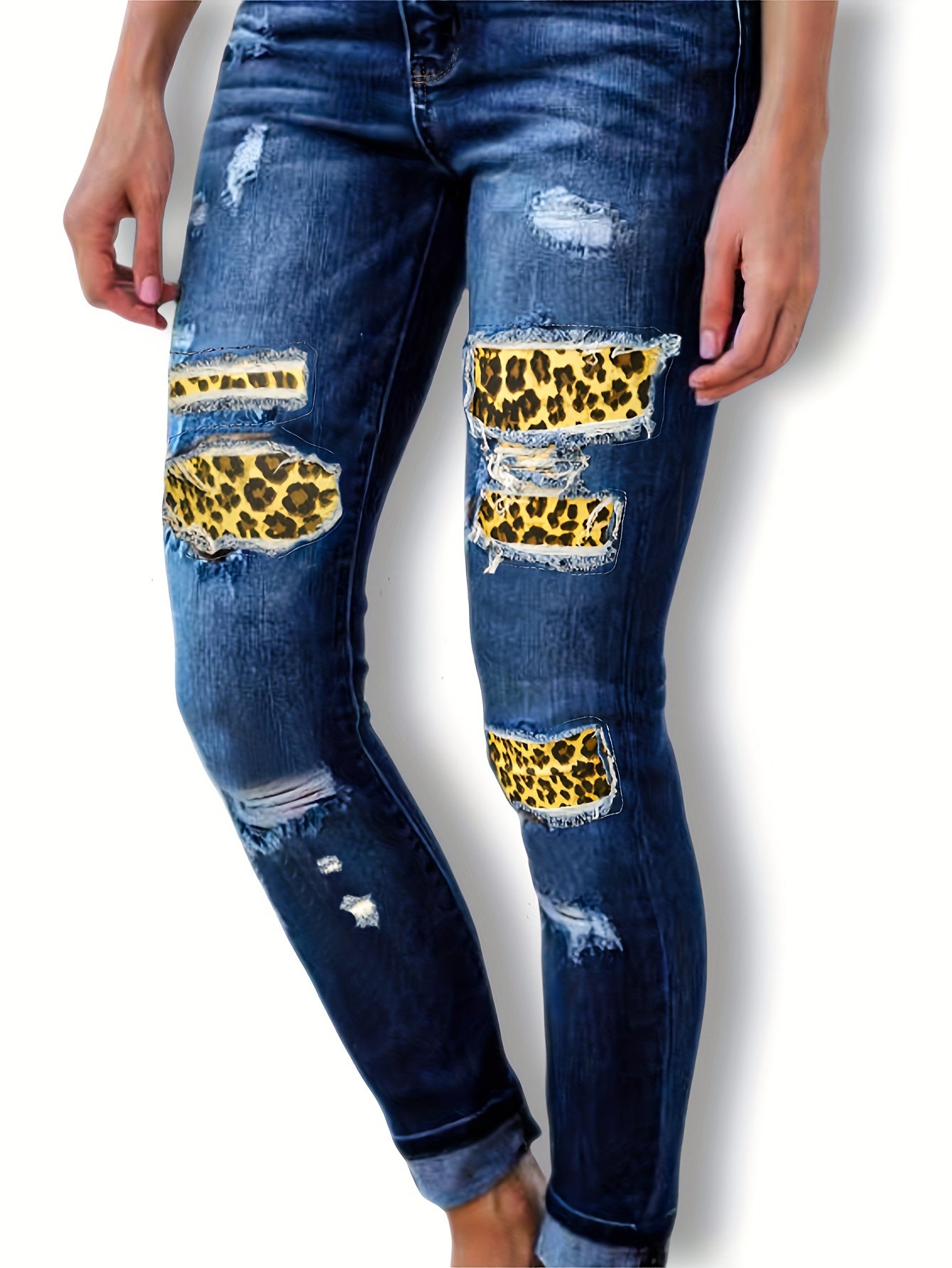  Leopard Skinny Jeans Washed Ripped Button Fly Casual Denim