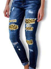  Leopard Skinny Jeans Washed Ripped Button Fly Casual Denim