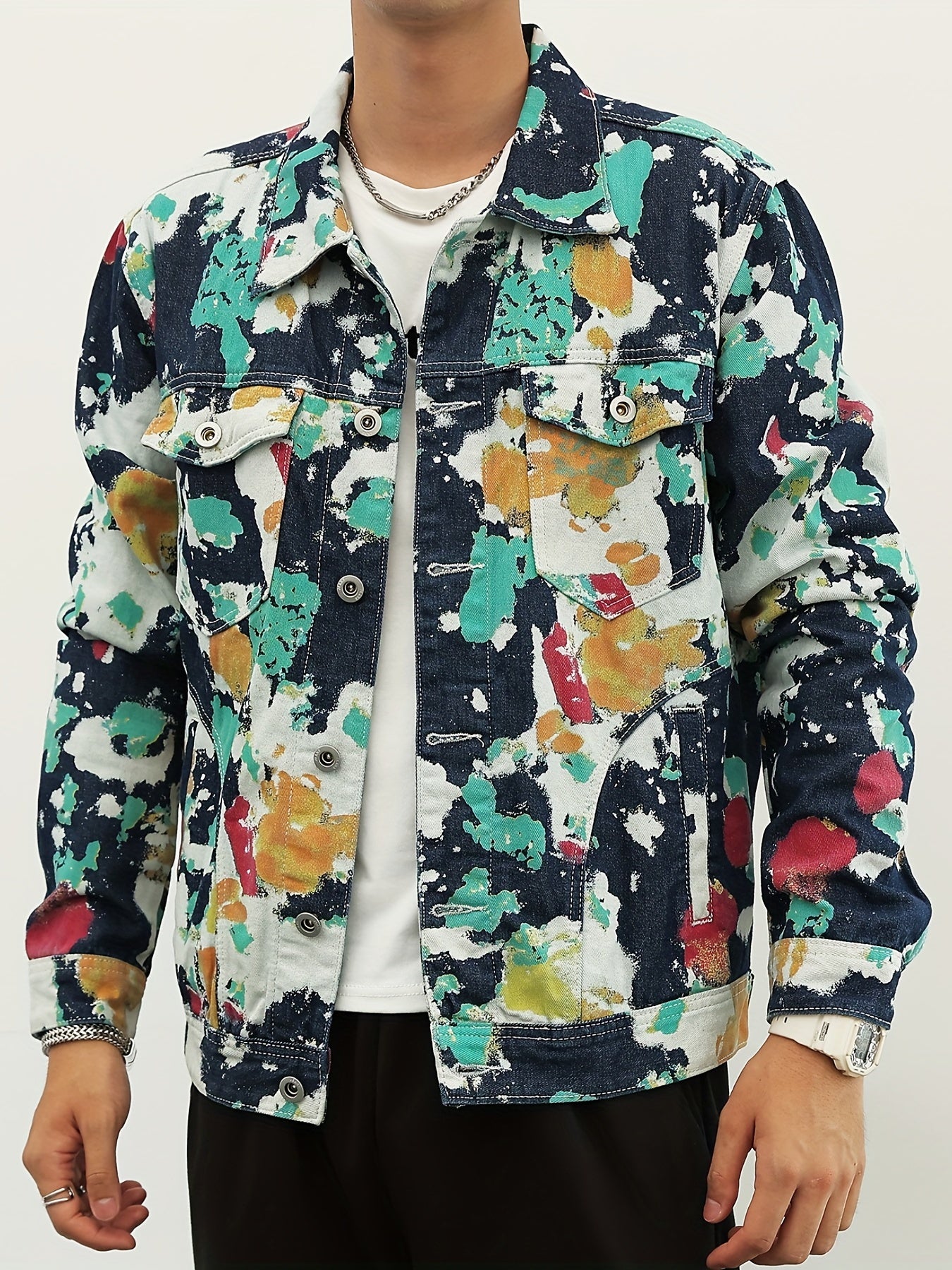 Men's Tie Dye Denim Jacket Street Style Button Up Jacket