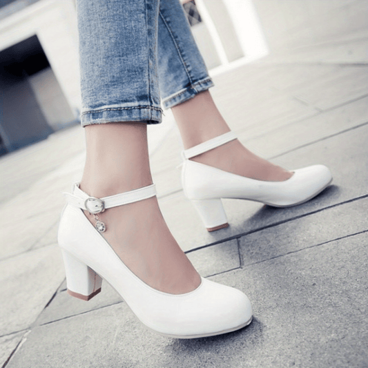 Women's Chunky Mid Heels Ankle Strap Faux Leather Shoes Non Slip Pumps
