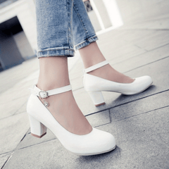 Women's Chunky Mid Heels Ankle Strap Faux Leather Shoes Non Slip Pumps