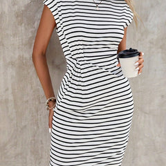  Stripe Print Bat Sleeve Round Neck Dress