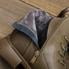 Women's Chunky Heel Lace-Up Side Zipper Leather Boots