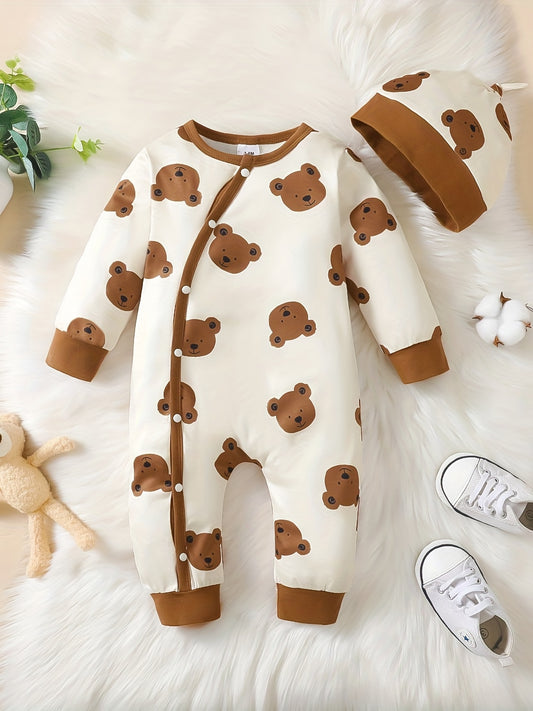 2pcs Baby Boys Set Bear Allover Print Bodysuit Hat