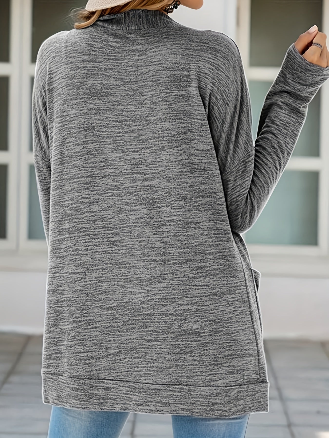  Heathered Long Sleeve Open Front Cardigan With Pockets