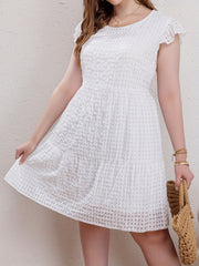 Plus Size Casual Dress Women's Solid Grid Ruffle Sleeve Round Neck Smock Dress