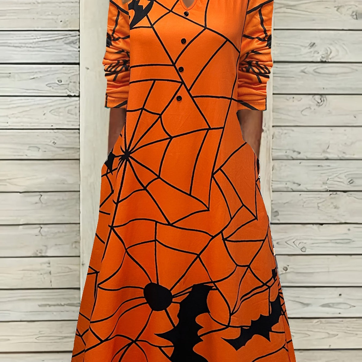  Halloween Web & Bat Print Long Sleeve Dress