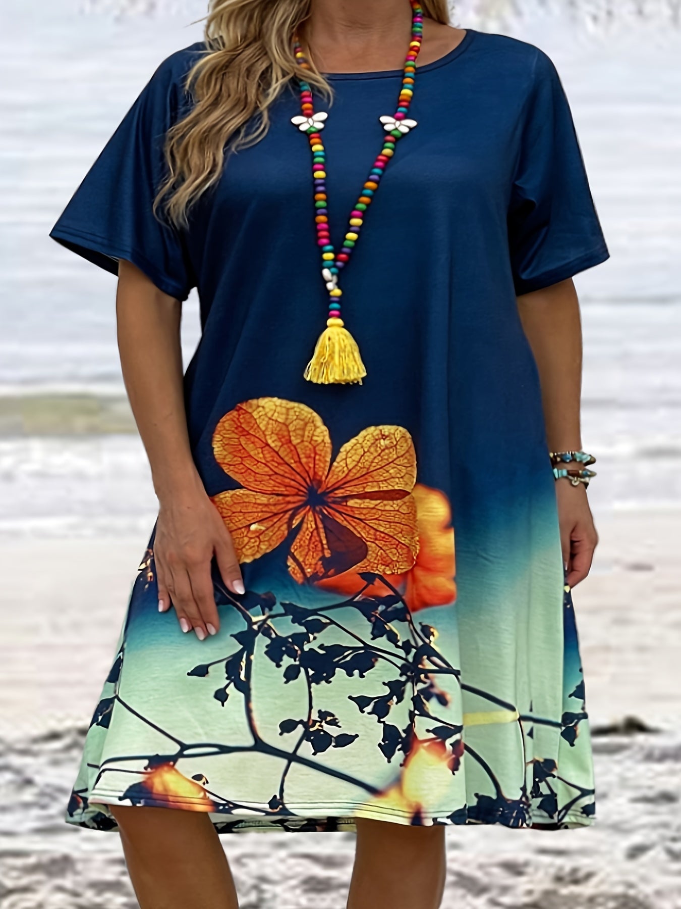  Floral Print Short Sleeve Tee Dress With Pockets