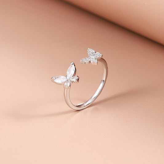 Butterfly Zircon Open Ring Adjustable Silver Plated Women Girls Decor