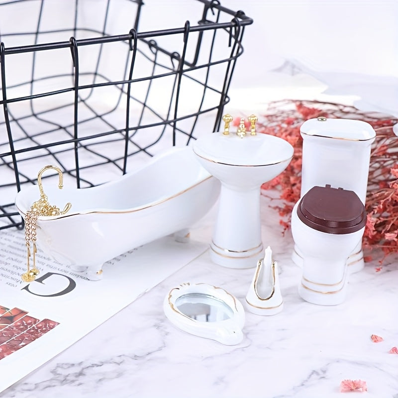 5pcs Ceramic Bathroom Set with Mini Bathtub Mirror & Toilet Figurine Decor