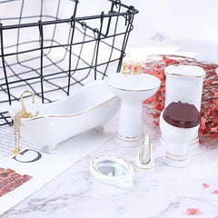 5pcs Ceramic Bathroom Set with Mini Bathtub Mirror & Toilet Figurine Decor