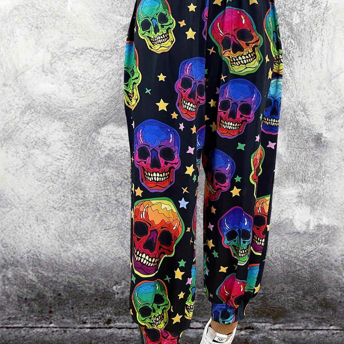 Skull Print Elastic Tapered Goth Pants Plus Size