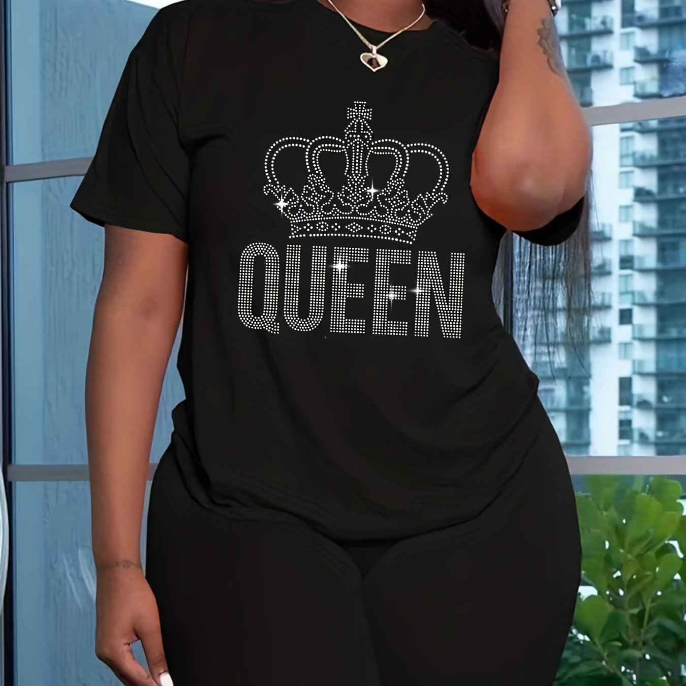Women's Plus Rhinestone Crown & Letter Tee & Shorts Set