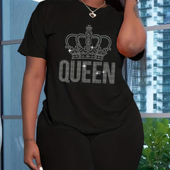 Women's Plus Rhinestone Crown & Letter Tee & Shorts Set