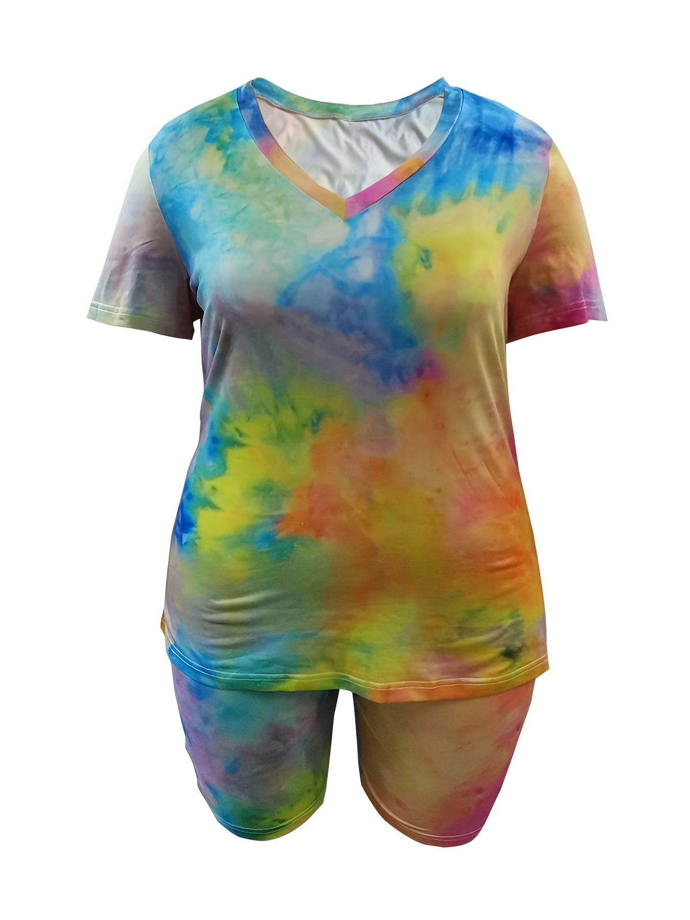 Women's Plus Tie Dye Tee & Shorts Set, V Neck, Two Piece Outfit