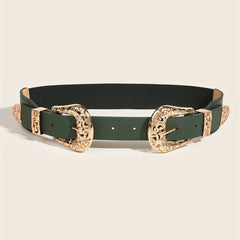 Double Carved Buckle Western Belt Vintage Dark Green Elastic Belt