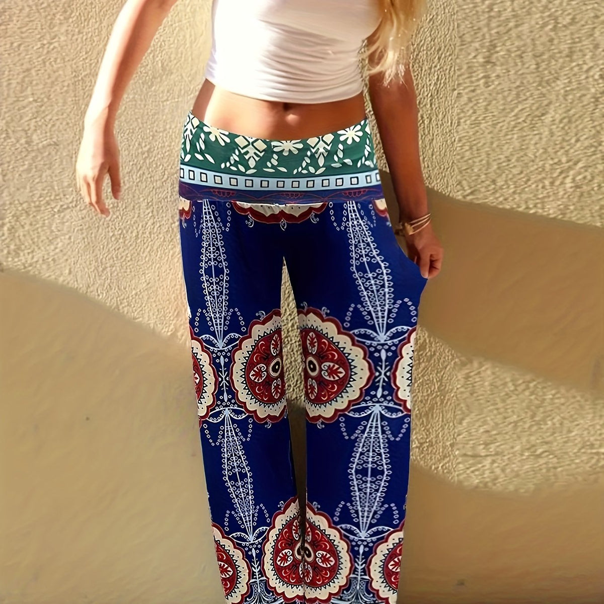  Boho Pants Women's Plus Floral & Geo Print Slight Stretch